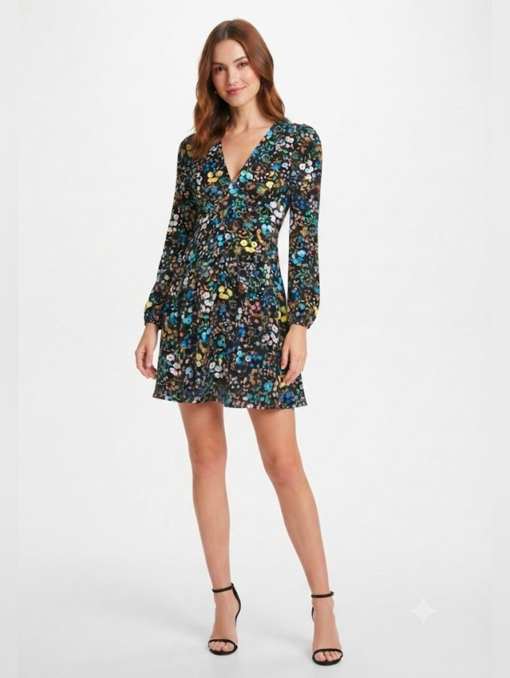 Miss Selfridge Black Floral V-Neck Long Sleeve Mini Dress Size 2